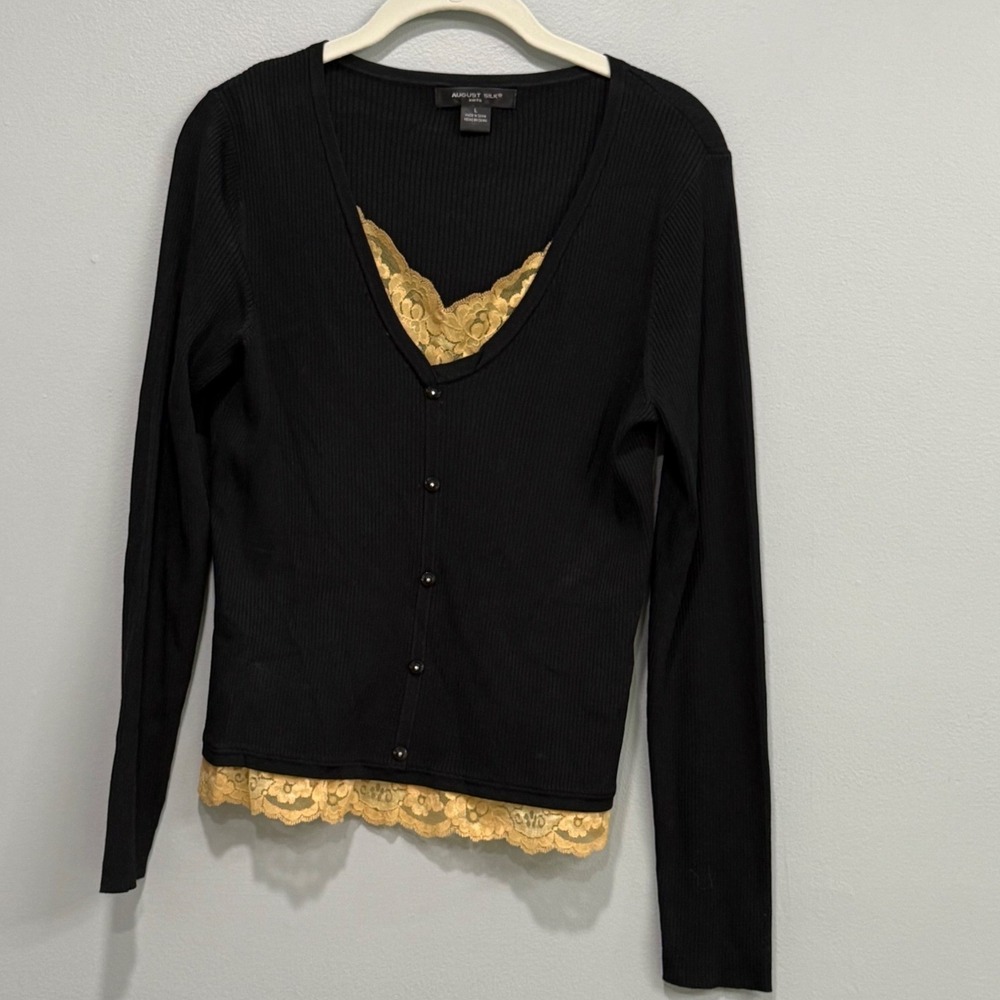 August Silk Knits Black Ribbed Cardigan Yellow Lace Trim Layered Top Large
